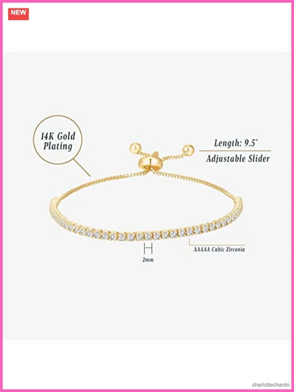 14K Gold Plated Adjustable Tennis Bracelet for Women, Cubic Zirconia Chain